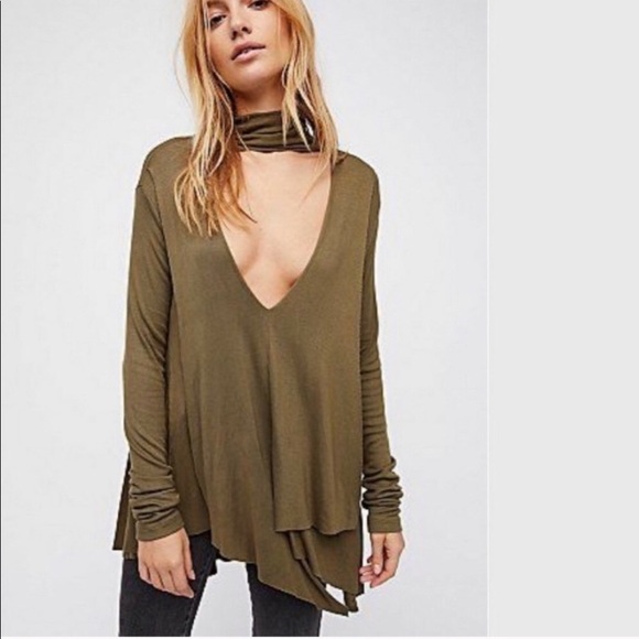 Free People Uptown Ribbed Choker Turtleneck Deep V Neck Army Green Tunic NWT Sm